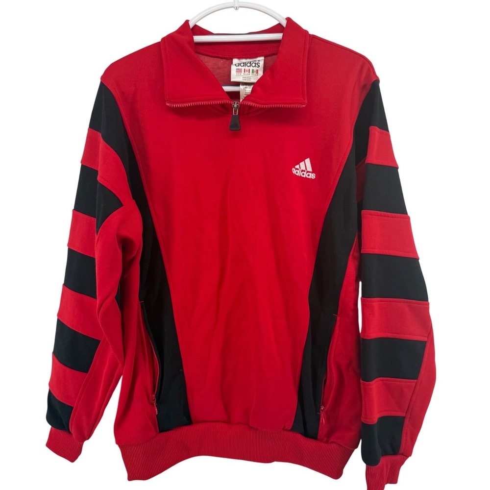 Vintage Adidas 90s Quarter Zip Track Jacket Red Black Striped Mens Small